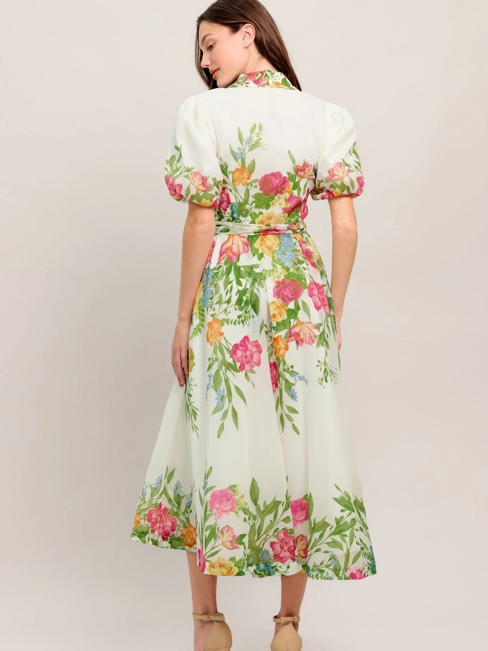 Flying Tomato Midi Floral Tie-Waist Dress in Cream and Green with Bell Sleeves - Picture 7 of 16